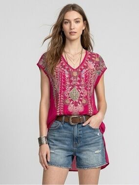Johnny Was Karineh Pomegranate Pink Embroidered Tunic Boho Fairy Top